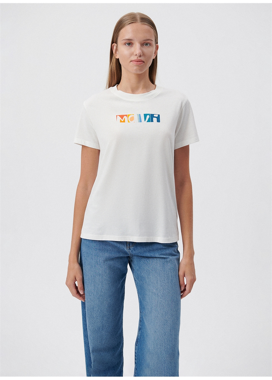 Mavi Yuvarlak Yaka Ekru Kadın T-Shirt M1611482-70057-RENKLİ MAVİ LOGO TİŞ_1