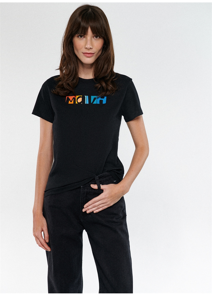 Mavi Yuvarlak Yaka Siyah Kadın T-Shirt M1611482-900-RENKLİ MAVİ LOGO TİŞÖR
