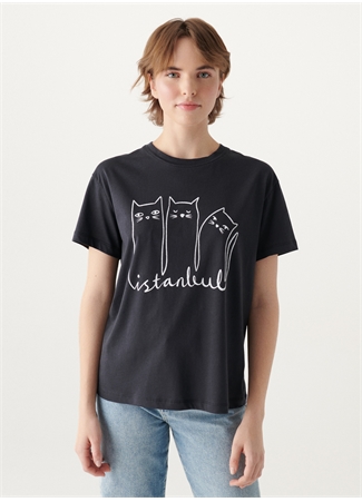 Mavi Gri Kadın T-Shirt M1610674-70087-KEDİ BASKILI TİŞÖRT_2