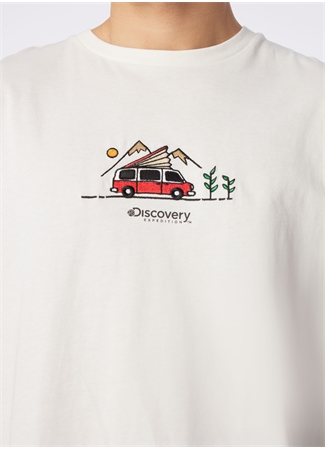 Discovery Expedition Kırık Beyaz Erkek Bisiklet Yaka Loose Fit Nakışlı T-Shirt LEAF_3