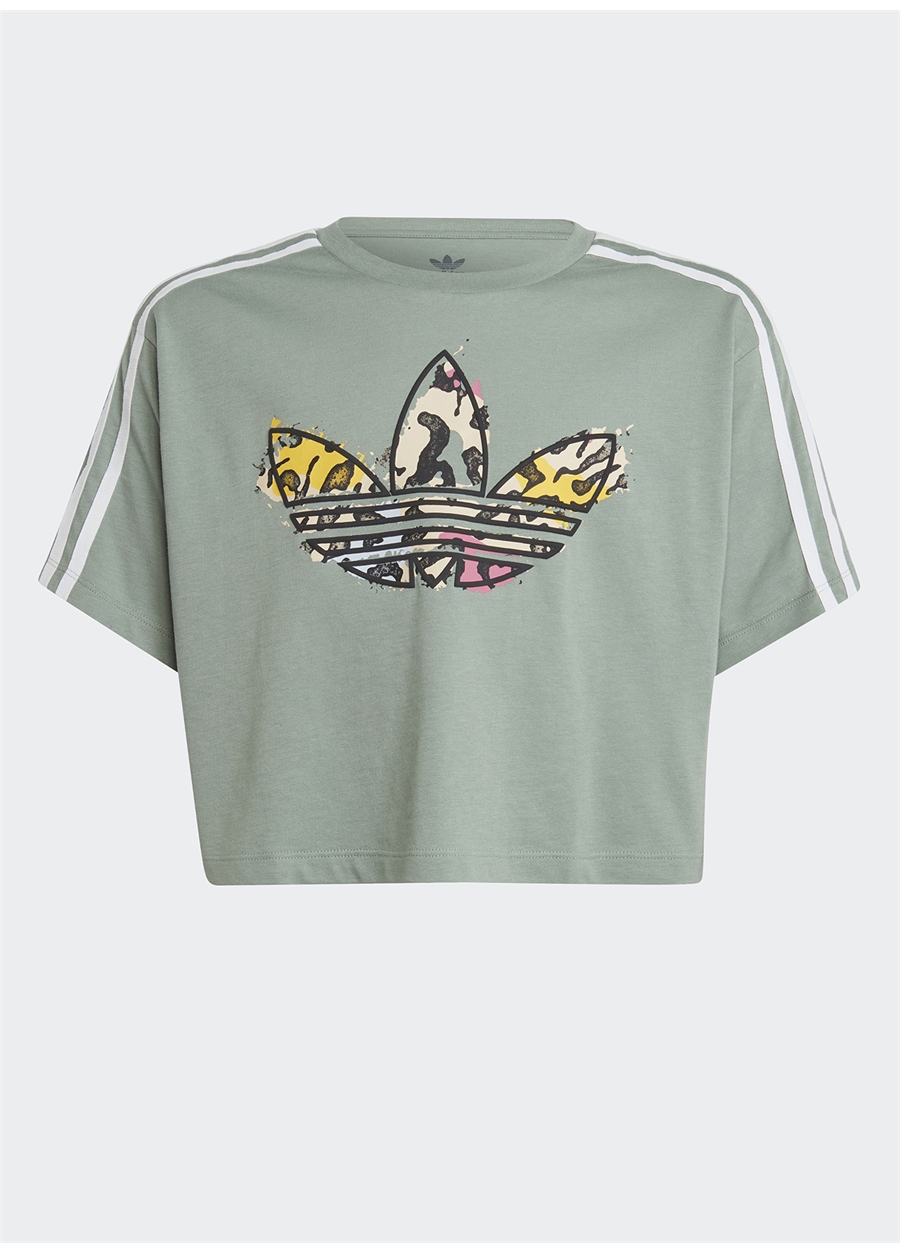 Adidas Desenli Gri - Yeşil Kız Çocuk T-Shirt IB8582 CROP TEE