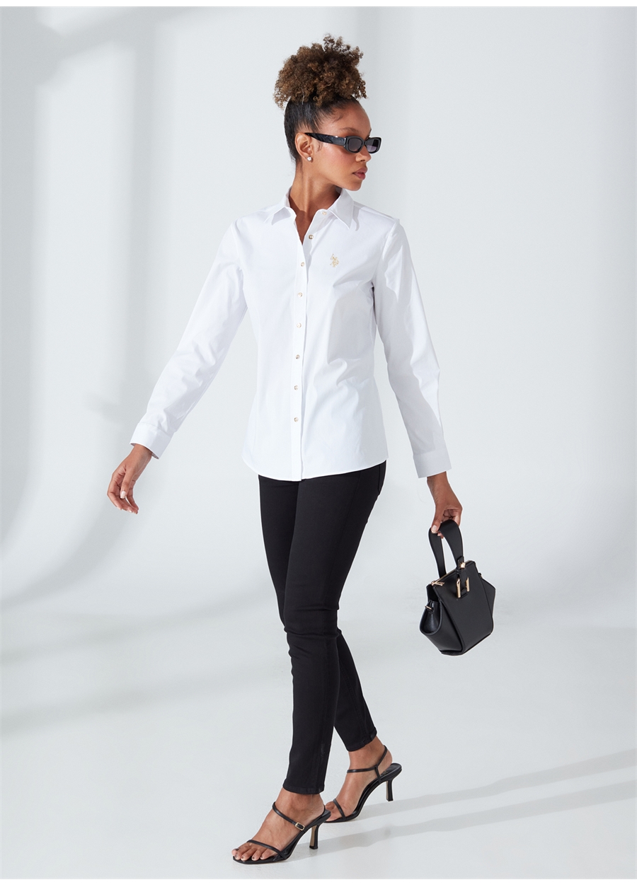 U.S. Polo Assn. Slim Fit Gömlek Yaka Düz Beyaz Kadın Gömlek CRISY023Y