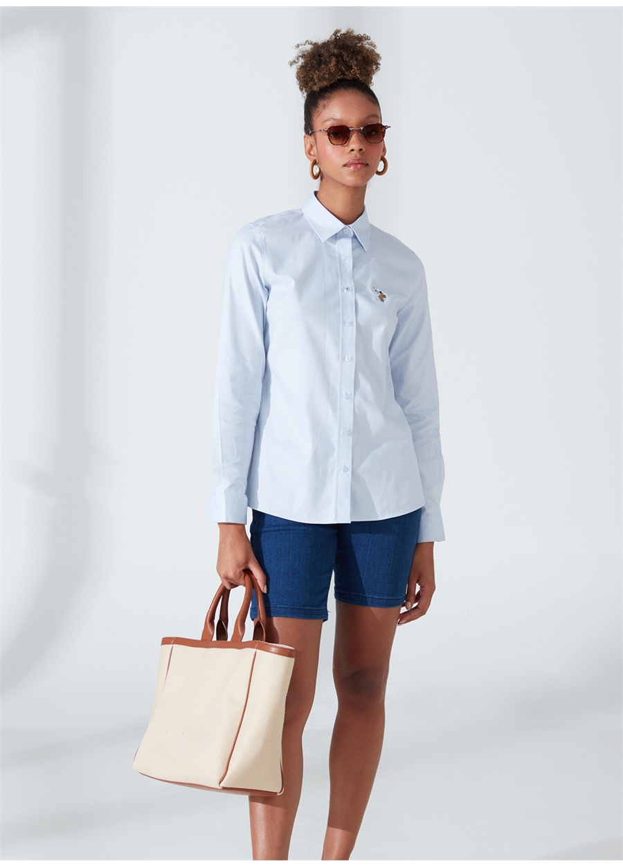 U.S. Polo Assn. Slim Fit Gömlek Yaka Düz Mavi Kadın Gömlek CRISCOLOR023Y
