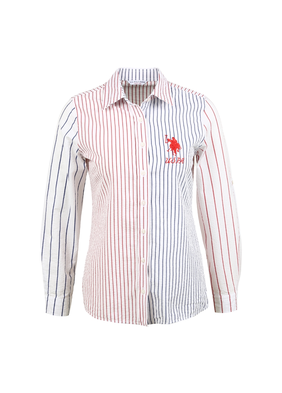U.S. Polo Assn. Slim Fit Gömlek Yaka Çizgili Kırmızı Kadın Gömlek CUPE