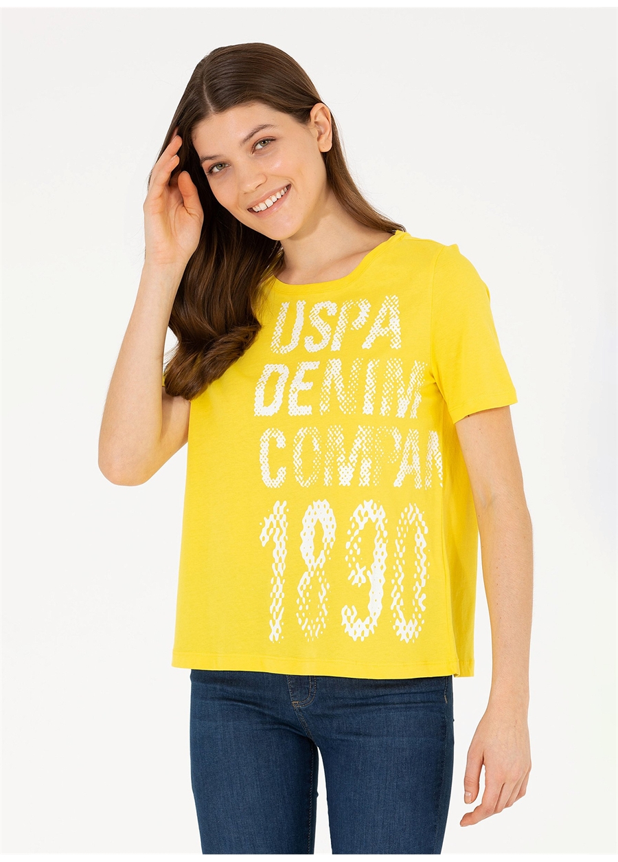 U.S. Polo Assn. Bisiklet Yaka Baskılı Sarı Kadın T-Shirt GAMBA