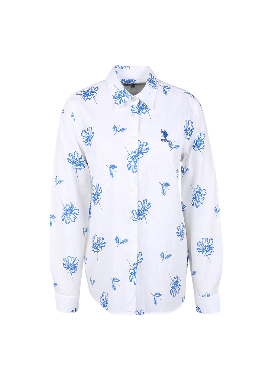 U.S. Polo Assn. Regular Fit Gömlek Yaka Çiçek Desenli Mavi Kadın Gömlek NOVISA