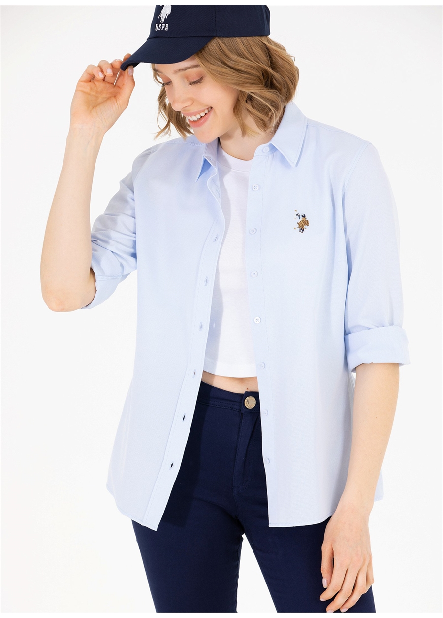 U.S. Polo Assn. Slim Fit Gömlek Yaka Düz Mavi Kadın Gömlek WOXCOLOR023Y