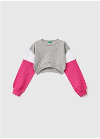 Benetton Gri Melanj Kız Çocuk Bisiklet Yaka Uzun Kollu Düz Sweatshirt 3J68C10AR