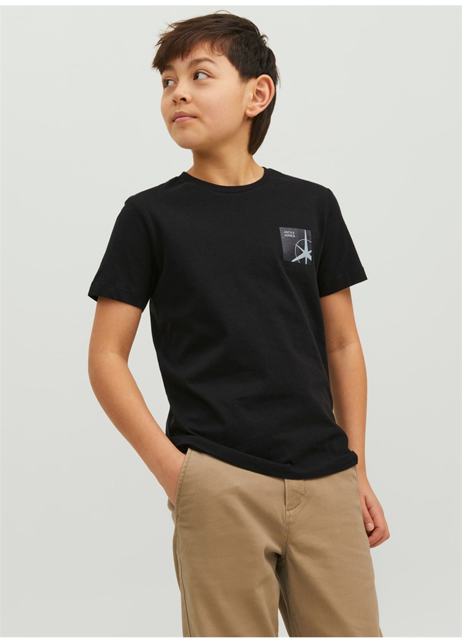 Jack & Jones Siyah Erkek Çocuk Bisiklet Yaka Yarım Kollu Desenli T-Shirt 12230829