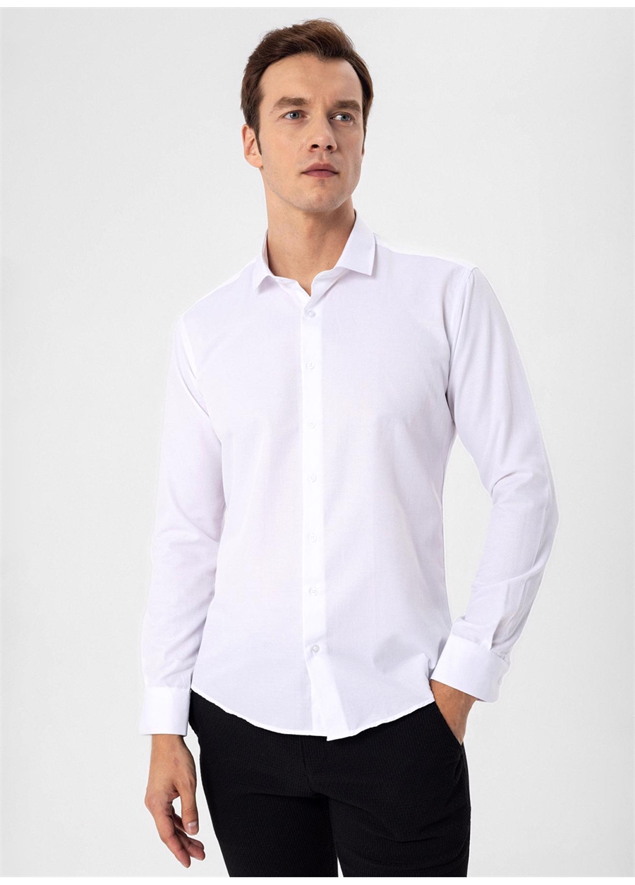 Süvari Slim Fit Klasik Yaka Armürlü Beyaz Erkek Gömlek GM2024700396
