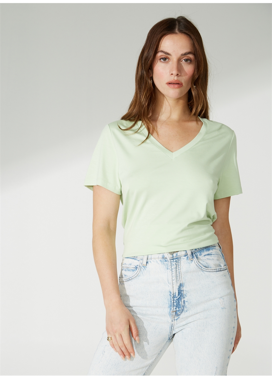 Faik Sönmez V Yaka Düz Mint Kadın T-Shirt U66027