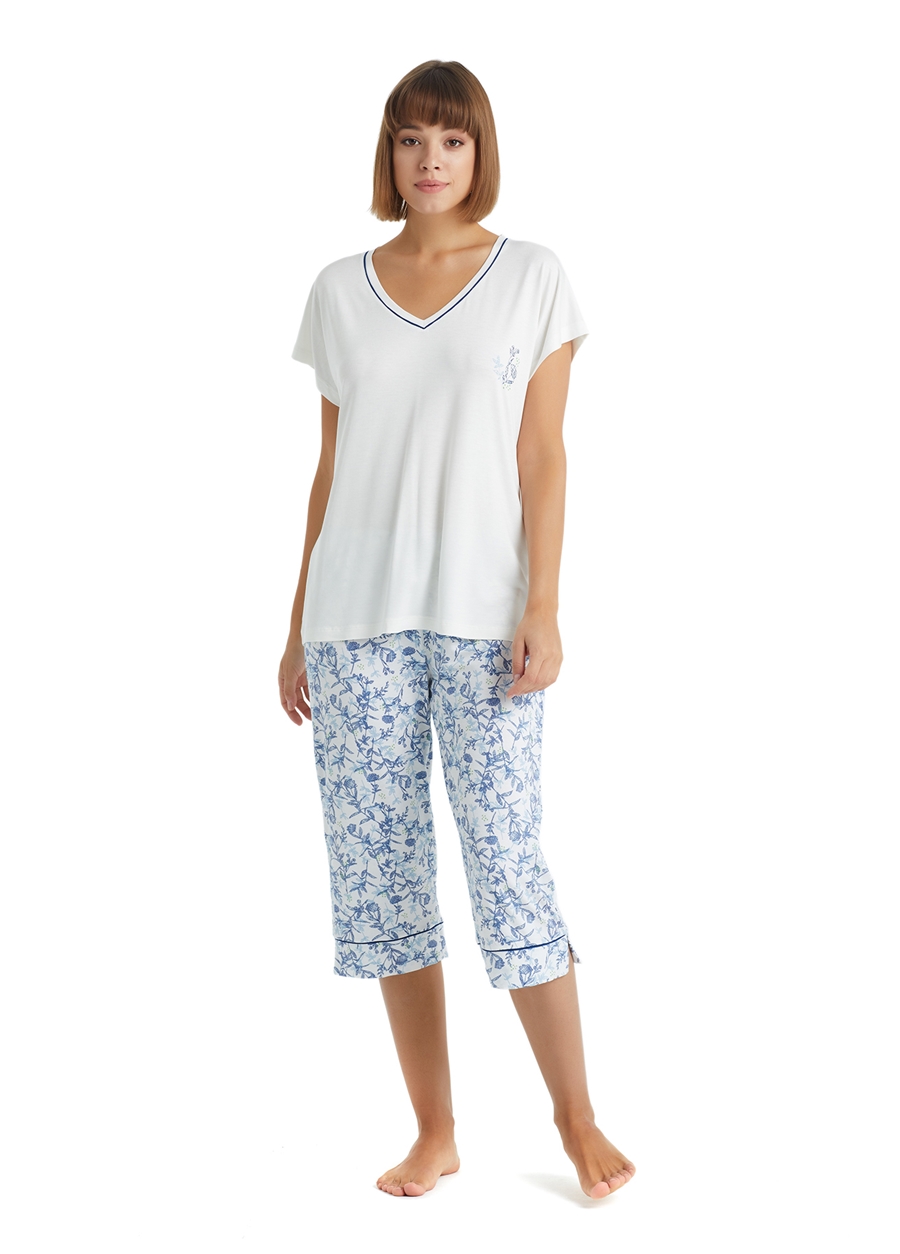 Blackspade V Yaka Düz Beyaz Kadın Pijama Takımı 51022
