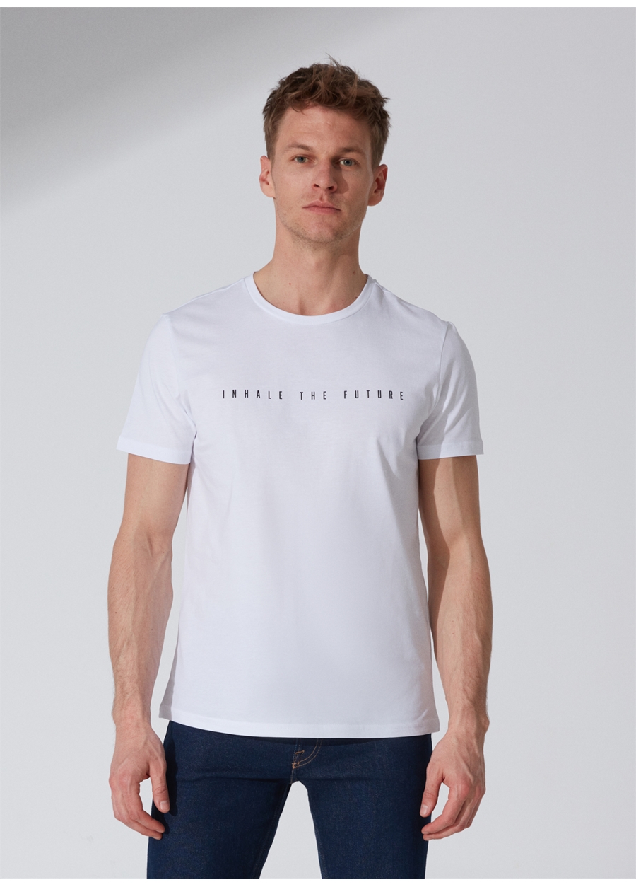 People By Fabrika Bisiklet Yaka Baskılı Beyaz Erkek T-Shirt M010