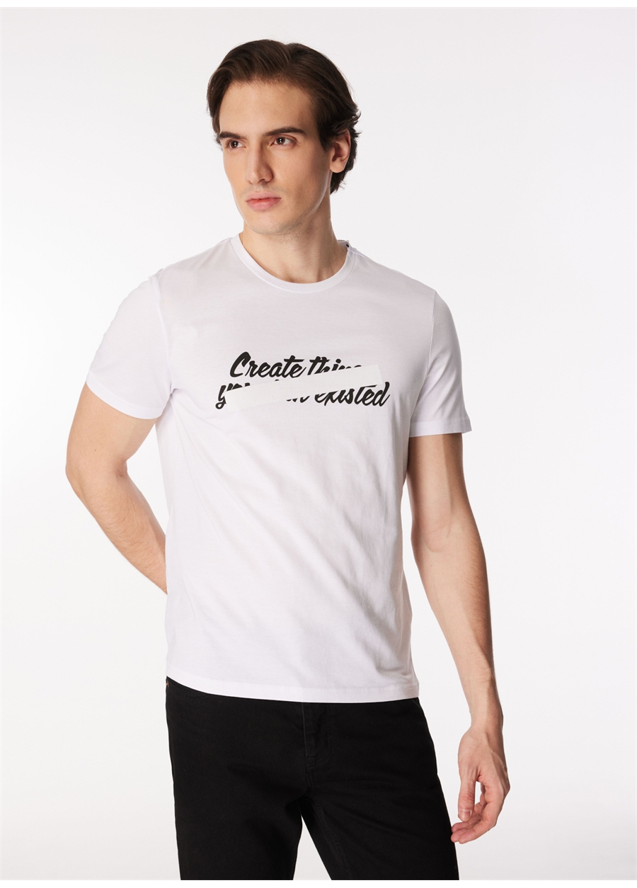 People By Fabrika Bisiklet Yaka Baskılı Beyaz Erkek T-Shirt PFM022