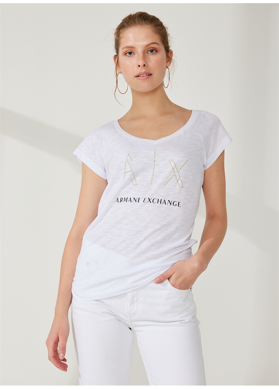 Armani Exchange Baskılı Beyaz Kadın T-Shirt 3RYTFF_1