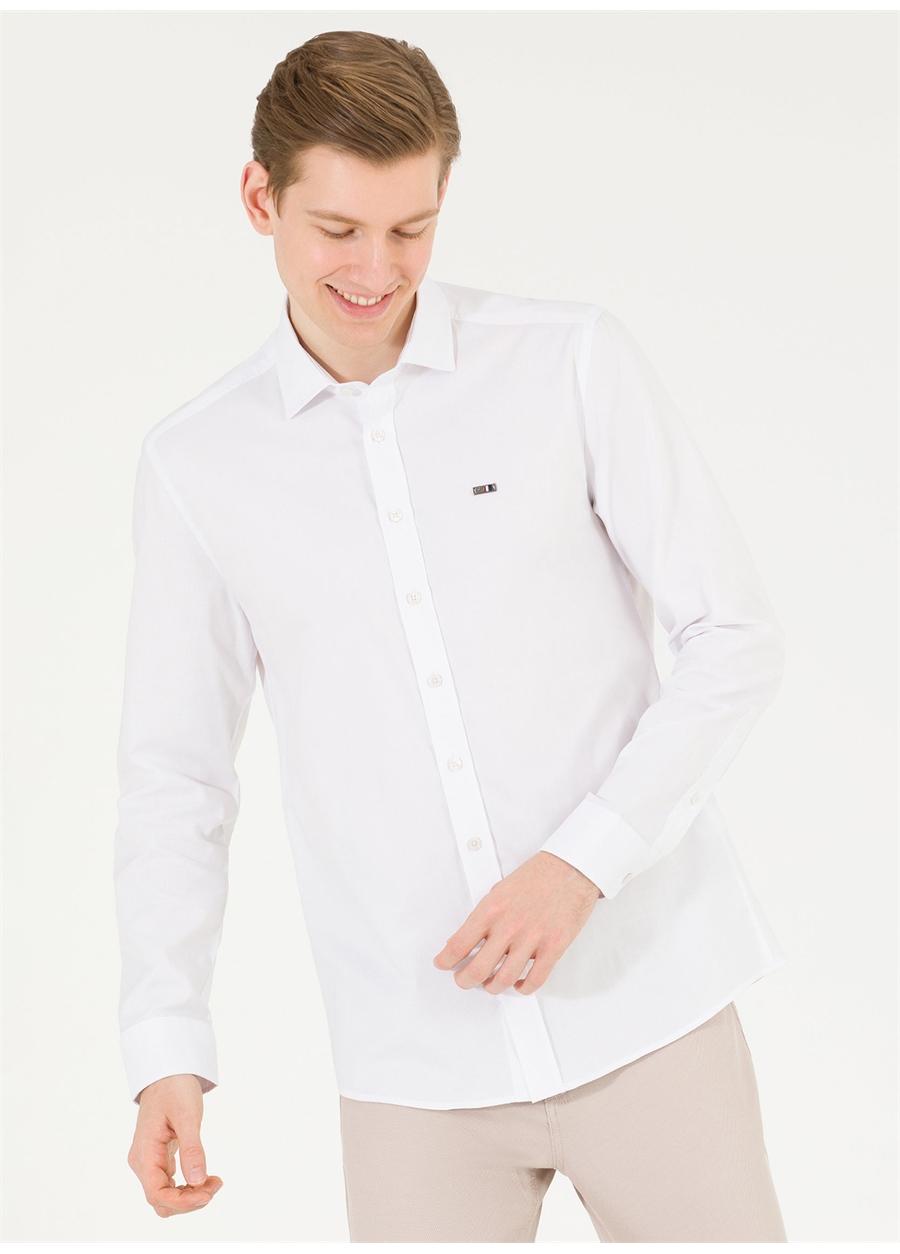 U.S. Polo Assn. Slim Fit Düğmeli Yaka Beyaz Erkek Gömlek CEDROP023Y