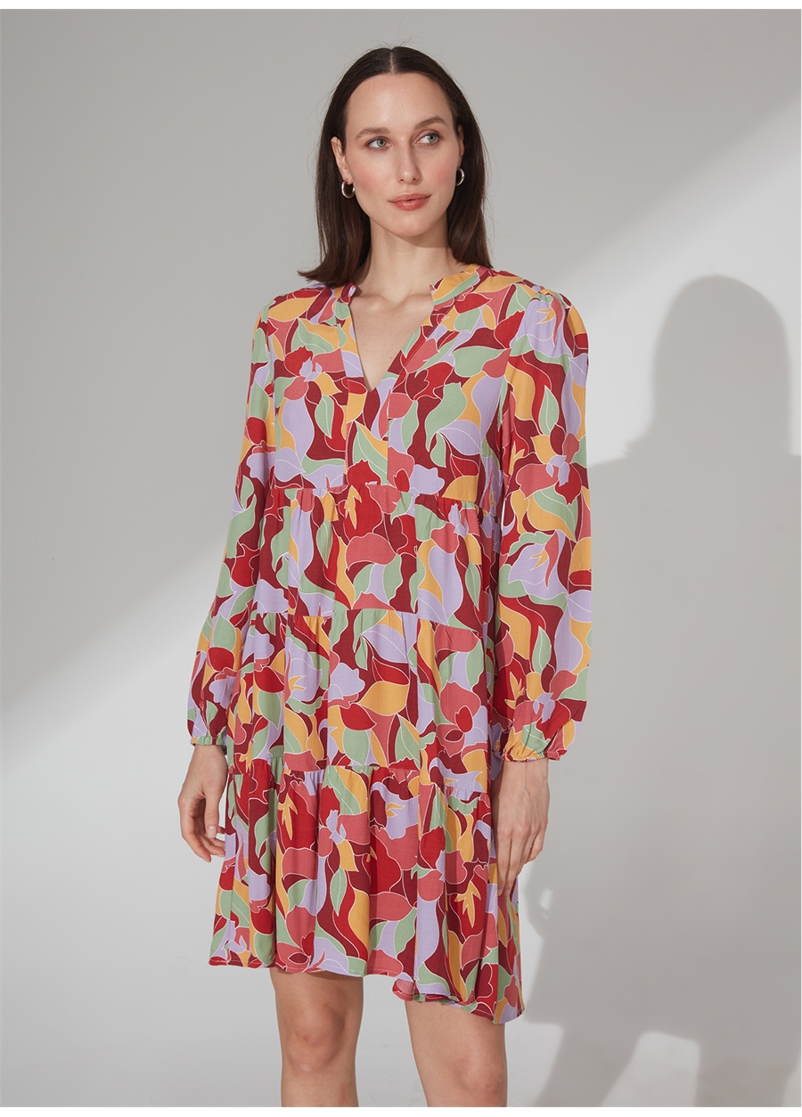 People By Fabrika Çok Renkli Kadın Diz Üstü Desenli Elbise ADNC4