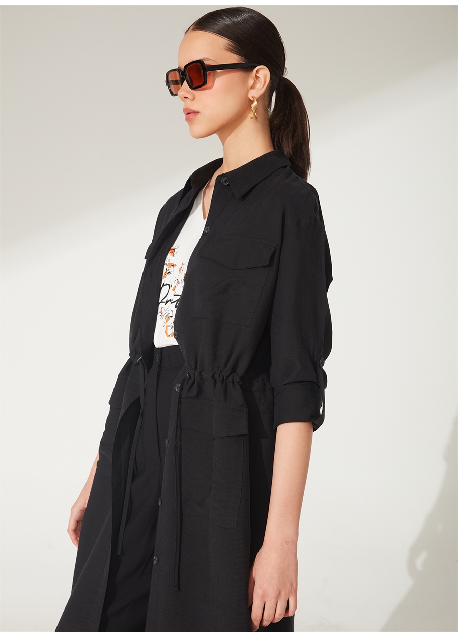 Faik Sönmez Gömlek Yaka Düz Siyah Diz Altı Kadın Elbise U66305