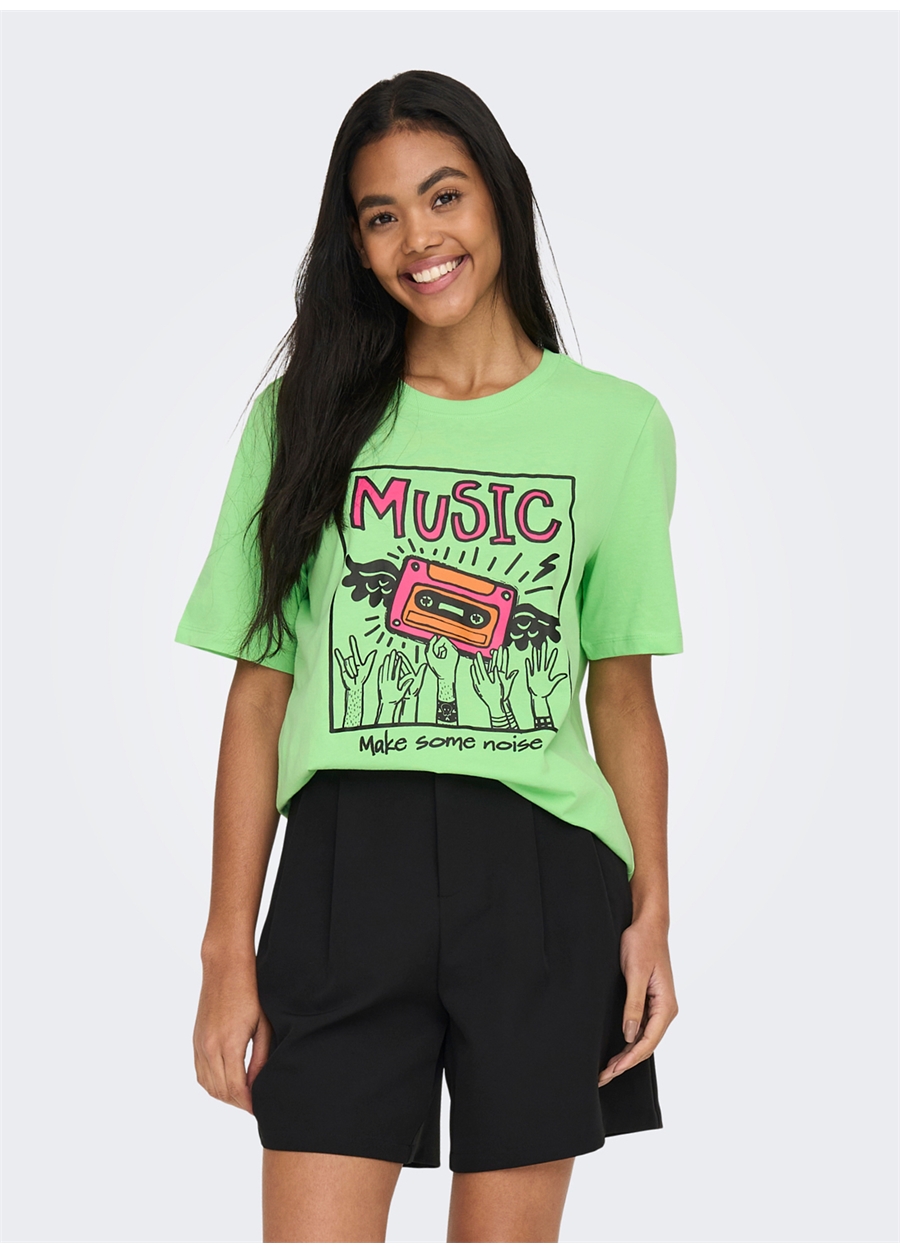 Only O Yaka Baskılı Yeşil Kadın T-Shirt ONLKAREN BOXY S/S TOP BOX JRS