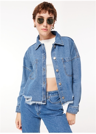 Aeropostale Oversize Gömlek Yaka Düz İndigo Kadın Denim Gömlek A3WL-GML1