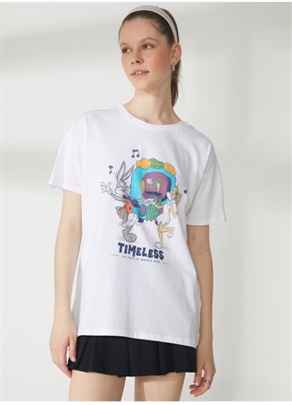 Never Say Never Looney Tunes Baskılı Beyaz Kadın Oversized T-Shirt BYL2973