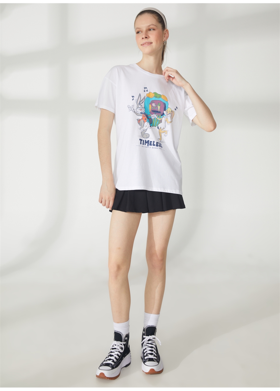 Never Say Never Looney Tunes Baskılı Beyaz Kadın Oversized T-Shirt BYL2973_1