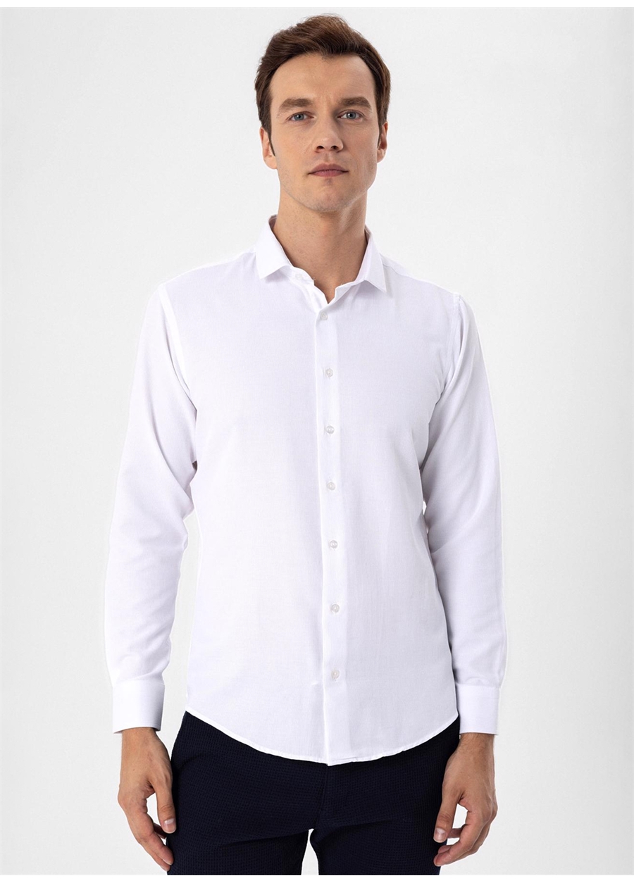 Süvari Slim Fit Klasik Yaka Armürlü Beyaz Erkek Gömlek GM2024700410