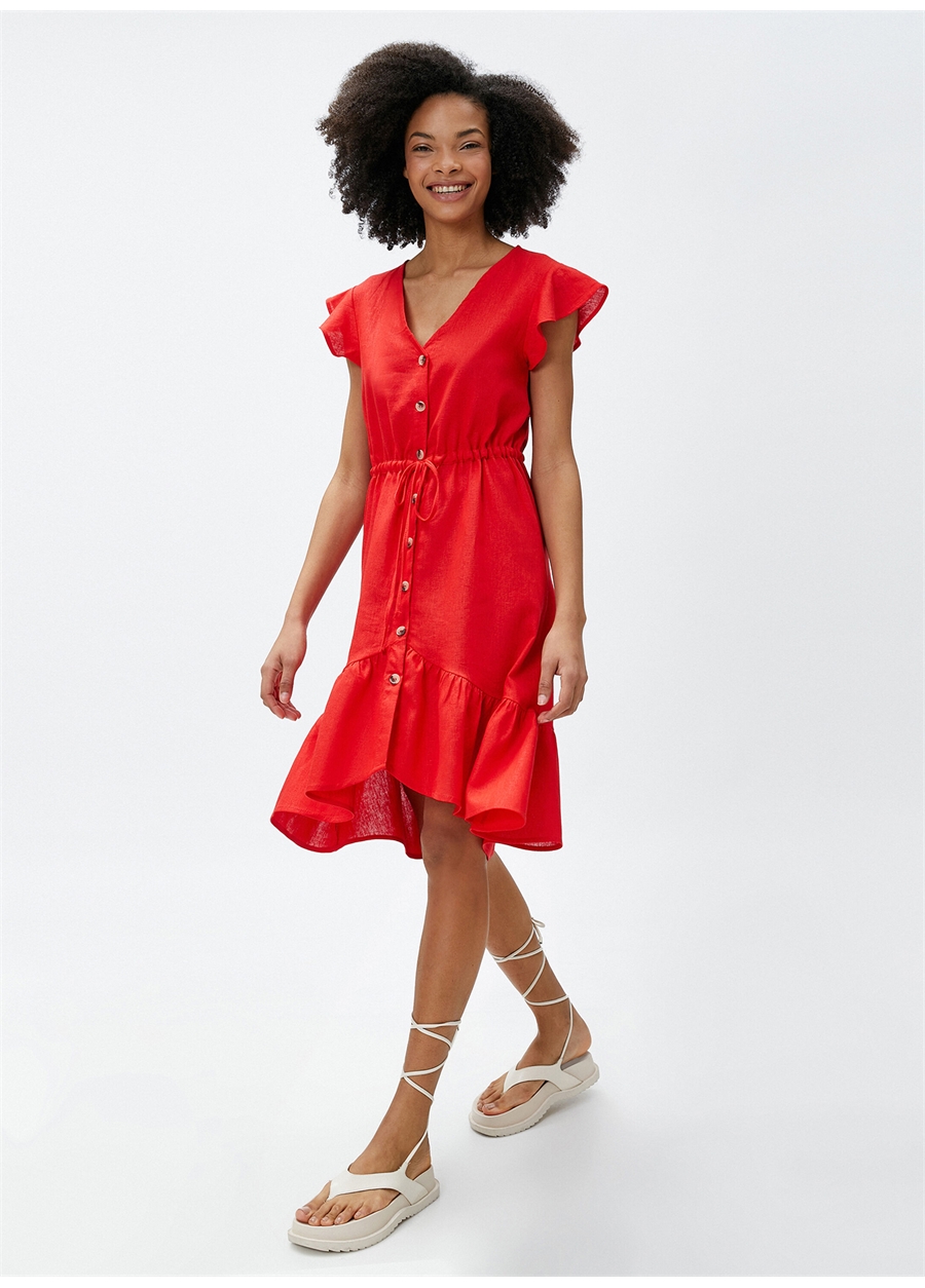 Koton V Yaka Düz Kırmızı Midi Kadın Elbise 3SAL80025IW