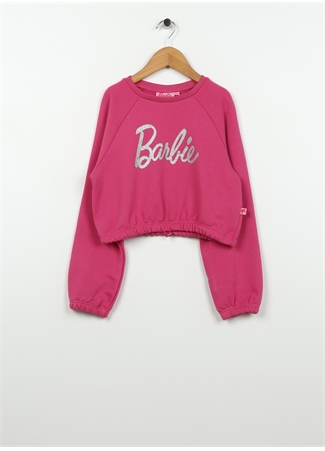 Barbie Pembe Kız Çocuk Bisiklet Yaka Düşük Omuz Cropped Fit Baskılı Sweatshirt BRB3WG-SWT27