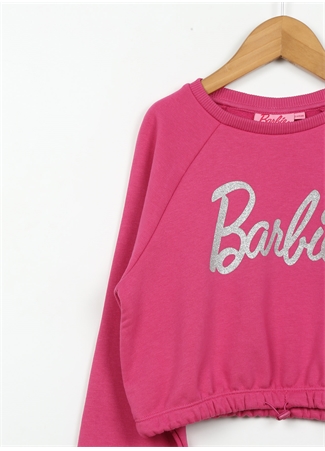 Barbie Pembe Kız Çocuk Bisiklet Yaka Düşük Omuz Cropped Fit Baskılı Sweatshirt BRB3WG-SWT27_1