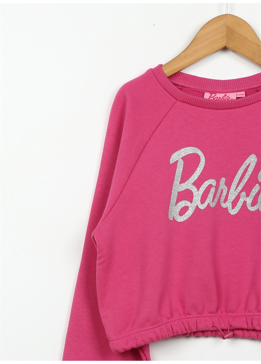 Barbie Pembe Kız Çocuk Bisiklet Yaka Düşük Omuz Cropped Fit Baskılı Sweatshirt BRB3WG-SWT27_1