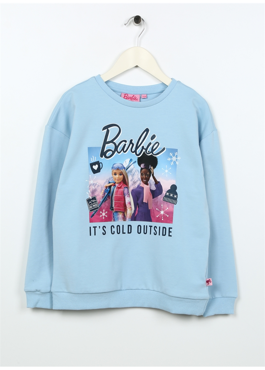 Barbie Mavi Kız Çocuk Bisiklet Yaka Düşük Omuz Oversize Baskılı Sweatshirt BRB3WG-SWT10