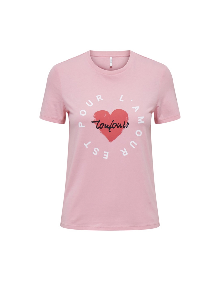 Only O Yaka Baskılı Açık Pembe Kadın T-Shirt ONLBENJI REG S/S HEART TOP BOX JRS