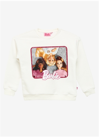 Barbie Ekru Kız Çocuk Bisiklet Yaka Düşük Omuz Oversize Baskılı Sweatshirt BRB3WG-SWT7