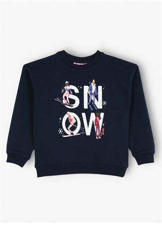 Barbie Lacivert Kız Çocuk Bisiklet Yaka Düşük Omuz Oversize Baskılı Sweatshirt BRB3WG-SWT5