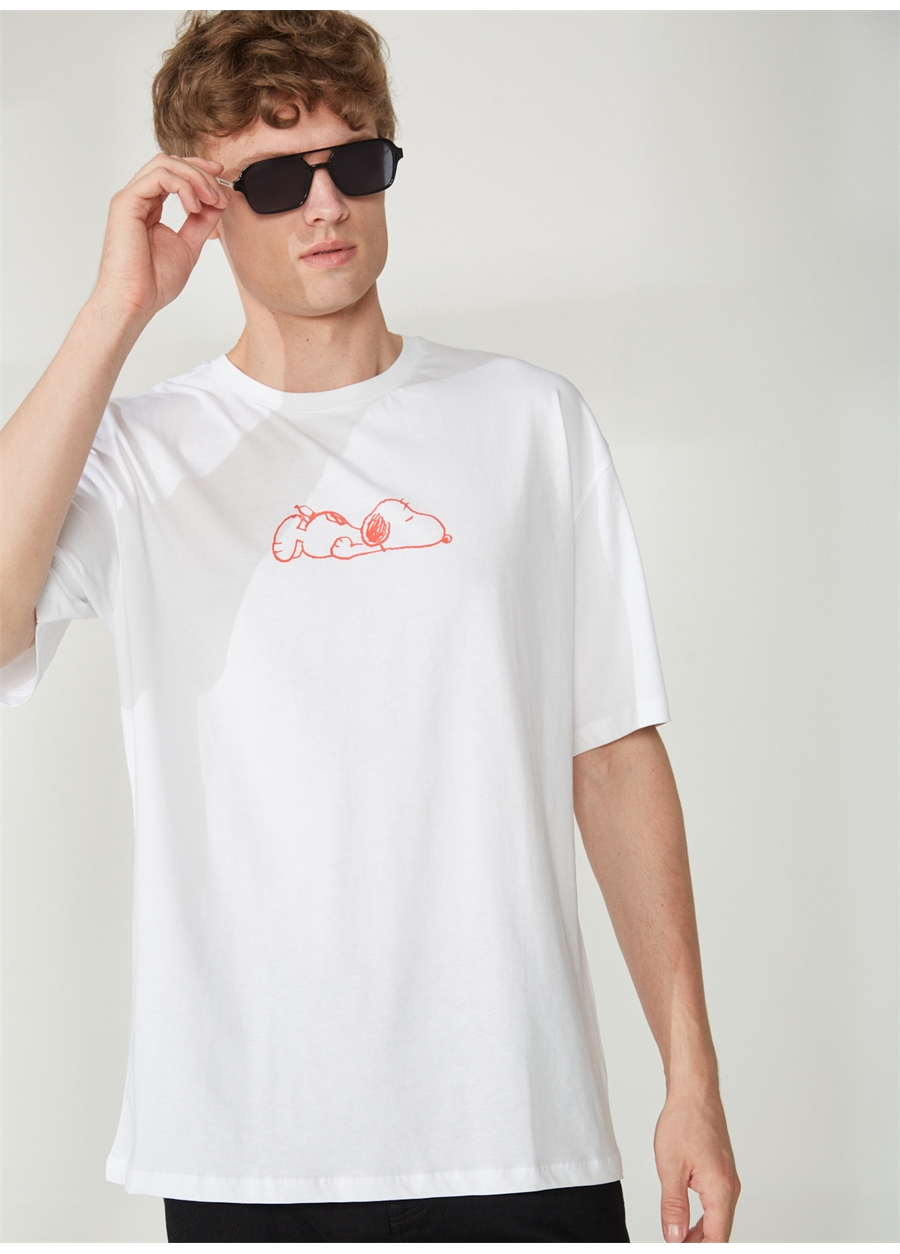 Never Say Never Snoopy Baskılı Beyaz Erkek Oversized T-Shirt BYL2995