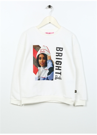 Barbie Ekru Kız Çocuk Bisiklet Yaka Düşük Omuz Oversize Baskılı Sweatshirt BRB3WG-SWT24