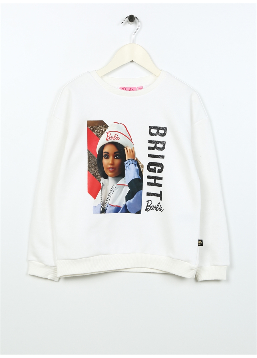 Barbie Ekru Kız Çocuk Bisiklet Yaka Düşük Omuz Oversize Baskılı Sweatshirt BRB3WG-SWT24_0