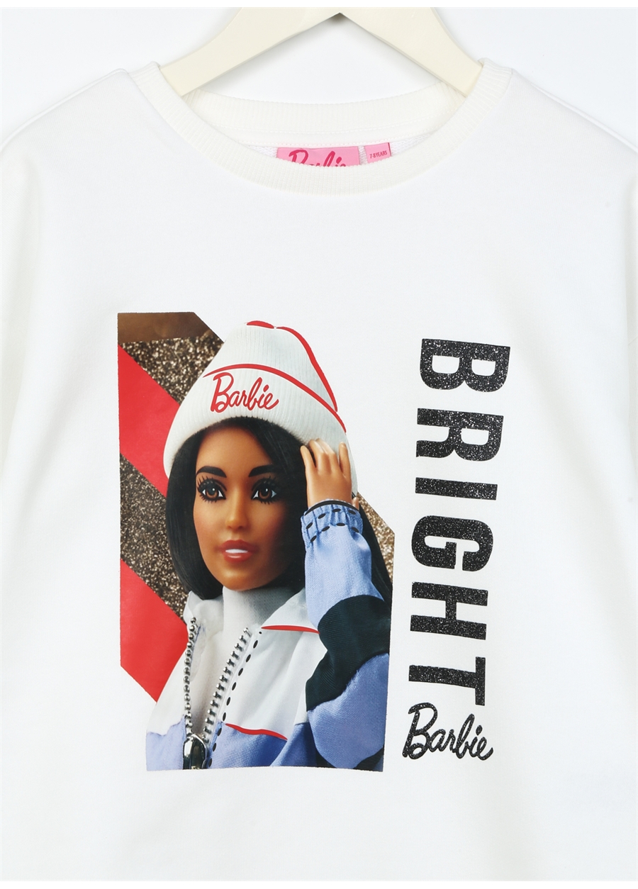 Barbie Ekru Kız Çocuk Bisiklet Yaka Düşük Omuz Oversize Baskılı Sweatshirt BRB3WG-SWT24_2