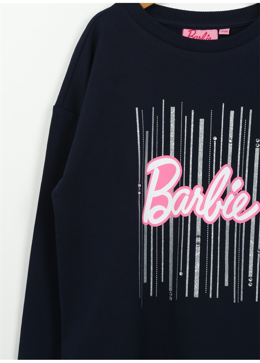 Barbie Lacivert Kız Çocuk Bisiklet Yaka Düşük Omuz Oversize Baskılı Sweatshirt BRB3WG-SWT11_1