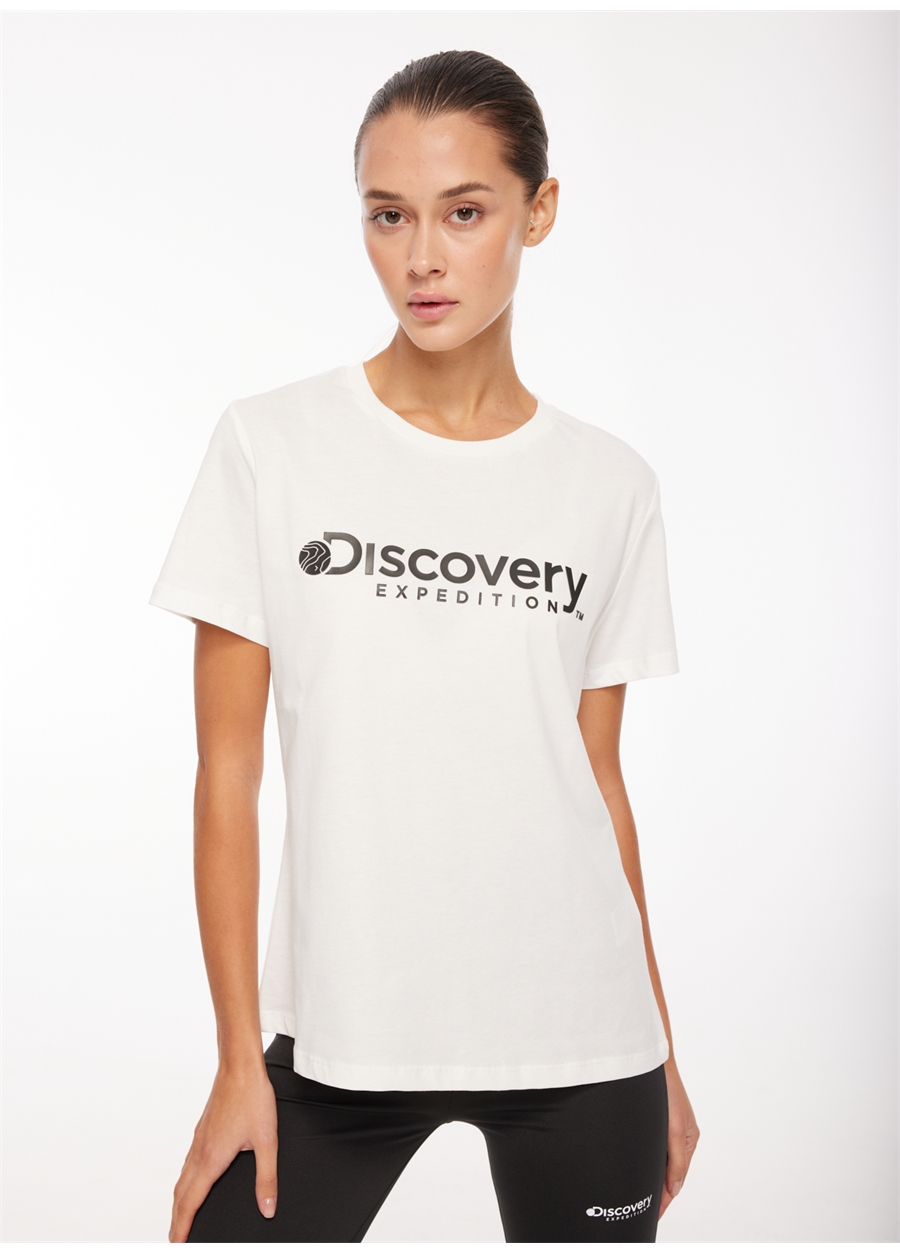 Discovery Expedition Beyaz Kadın Bisiklet Yaka Baskılı T-Shirt D3WL-TST1_1