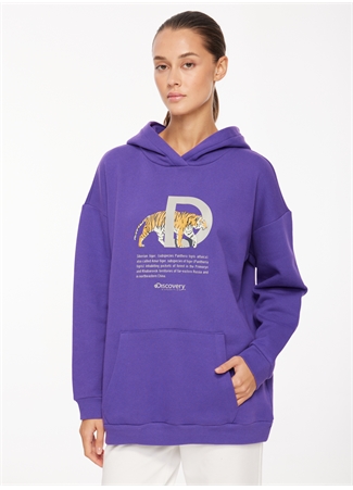 Discovery Expedition Mor Kadın Kapüşonlu Baskılı Sweatshirt D3WL-SWT25_1