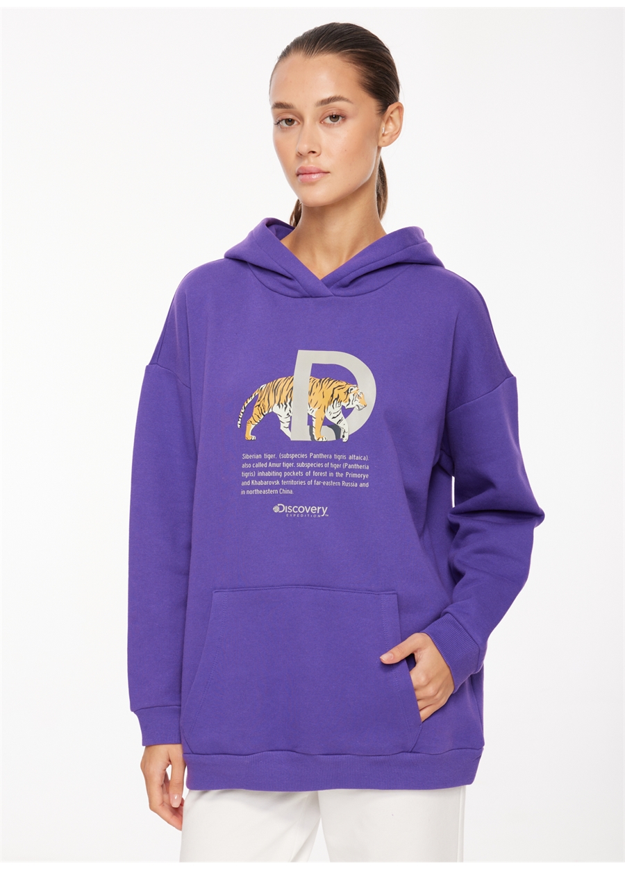 Discovery Expedition Mor Kadın Kapüşonlu Baskılı Sweatshirt D3WL-SWT25_1