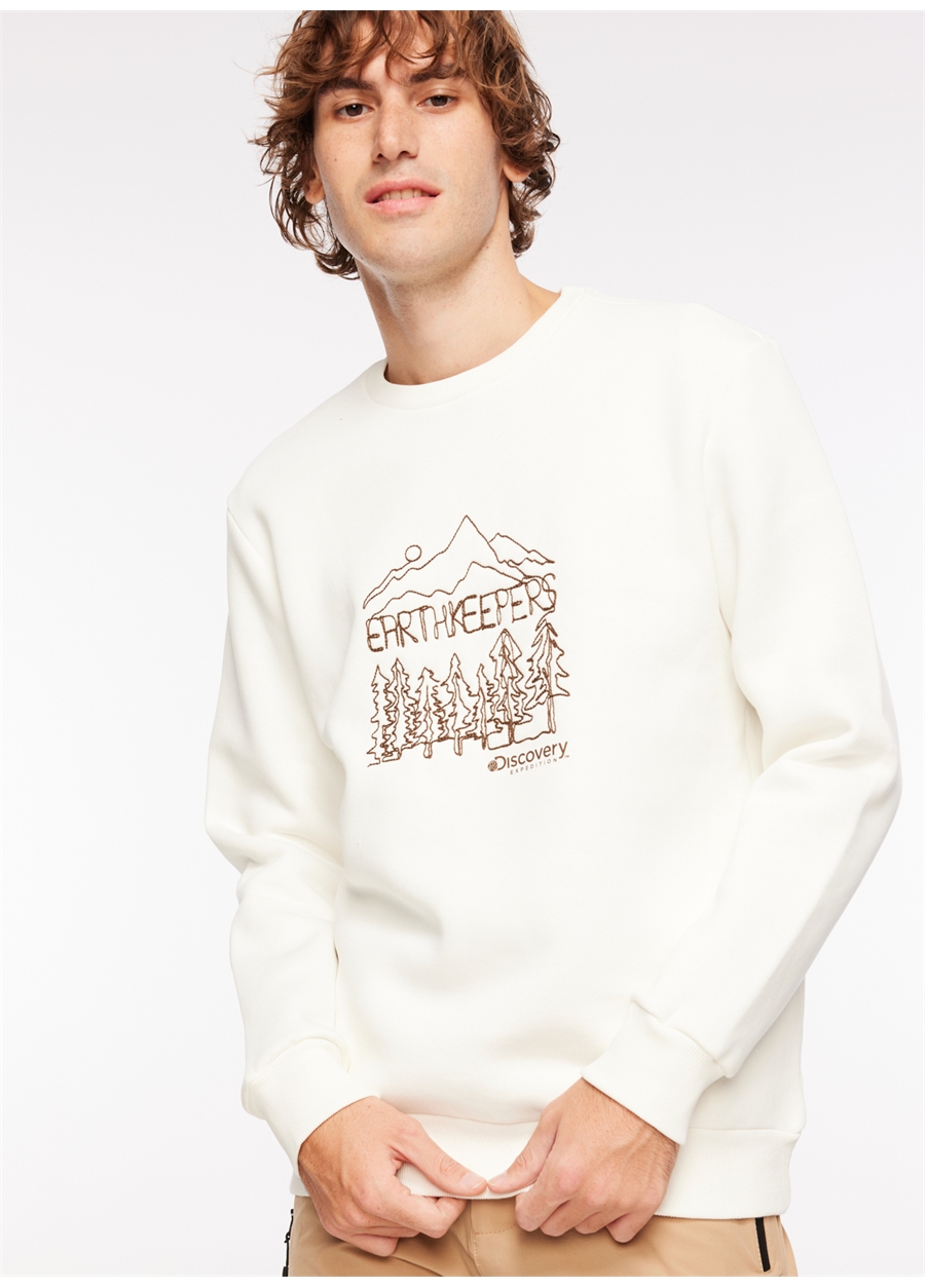 Discovery Expedition Kırık Beyaz Erkek Bisiklet Yaka Baskılı Sweatshirt D3WM-SWT29_0