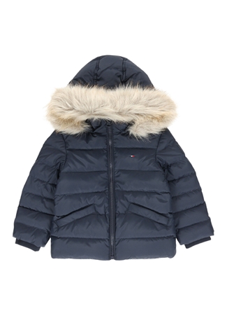 Tommy Hilfiger Mavi Kız Çocuk Kapüşonlu Kürklü Mont KG0KG07399