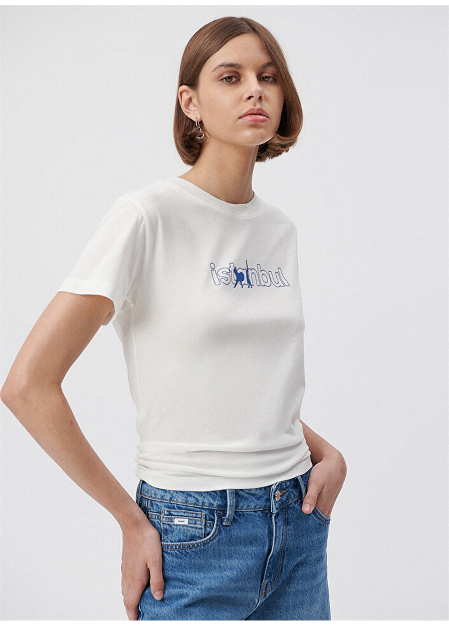 Mavi Bisiklet Yaka Baskılı Ekru Kadın T-Shirt M1612110-70057 İSTANBUL BASKILI TİŞ