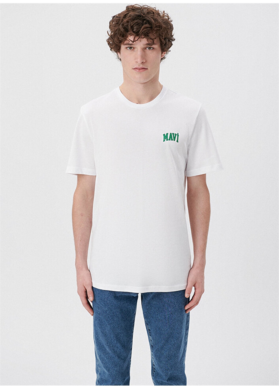 Mavi Bisiklet Yaka Düz Beyaz Erkek T-Shirt M0611714-620_MAVİ LOGO TİŞÖRT_1