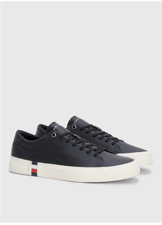 Tommy Hilfiger Siyah Erkek Deri Sneaker CORPORATE LEATHER DETAIL VULC