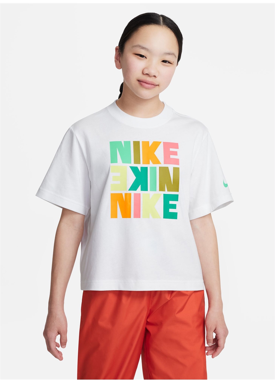 Nike Çocuk Beyaz Bisiklet Yaka T-Shirt DZ3579-101 G NSW TEE BOXY PRINT