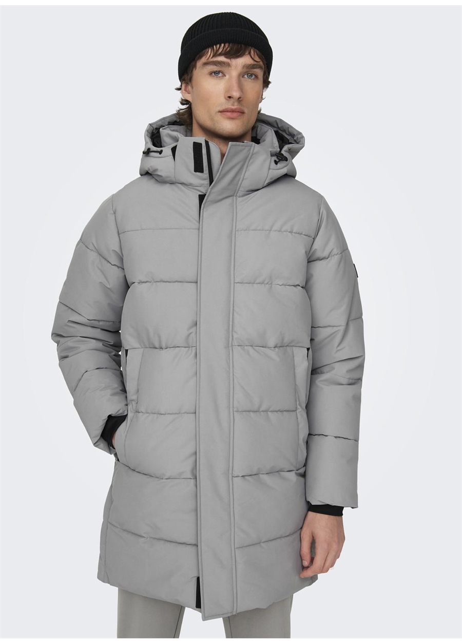 Only & Sons Gri Erkek Kapüşon Yaka Mont 22020156_ONSCARL LIFE LONG QUILTED_3